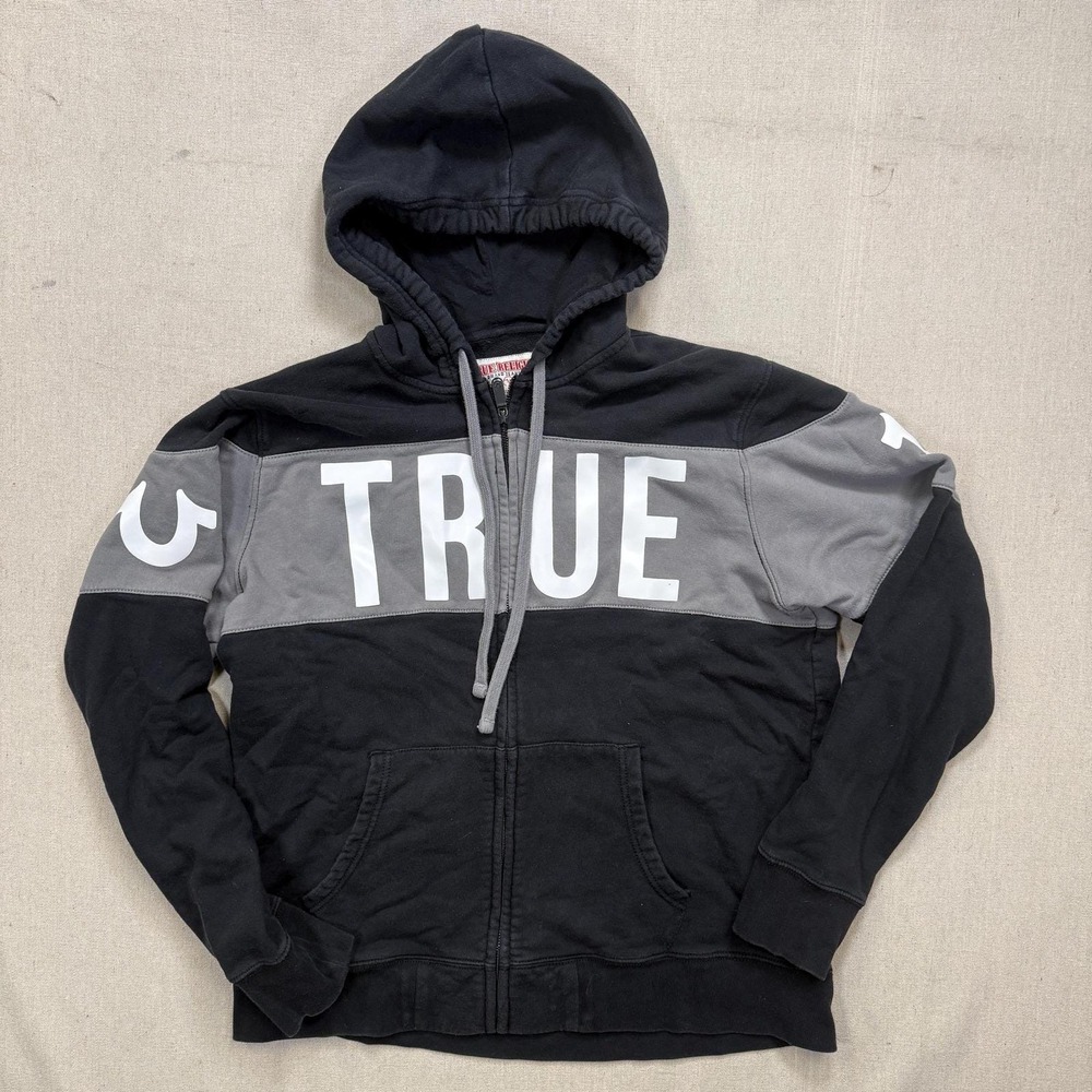 True Religion Zip Up Hoodie Graphic Logo Black Grey Men's L‎ Tagged Women's 2XL